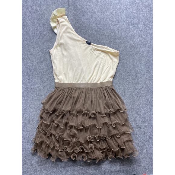 Windsor Dress Womens Large Cream Brown One Shoulder Ruffle Tulle Party Y2K - Picture 14 of 14